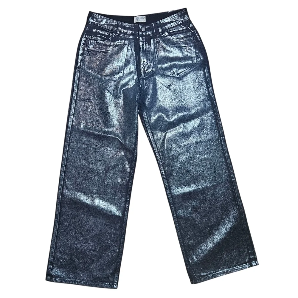 Miss Love The Metallic Jean Denim Wide Leg Pants Black Silver size Large